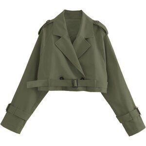 Women's Cropped Bike Jacket Double Breasted Trench Coat with Belt Army Green